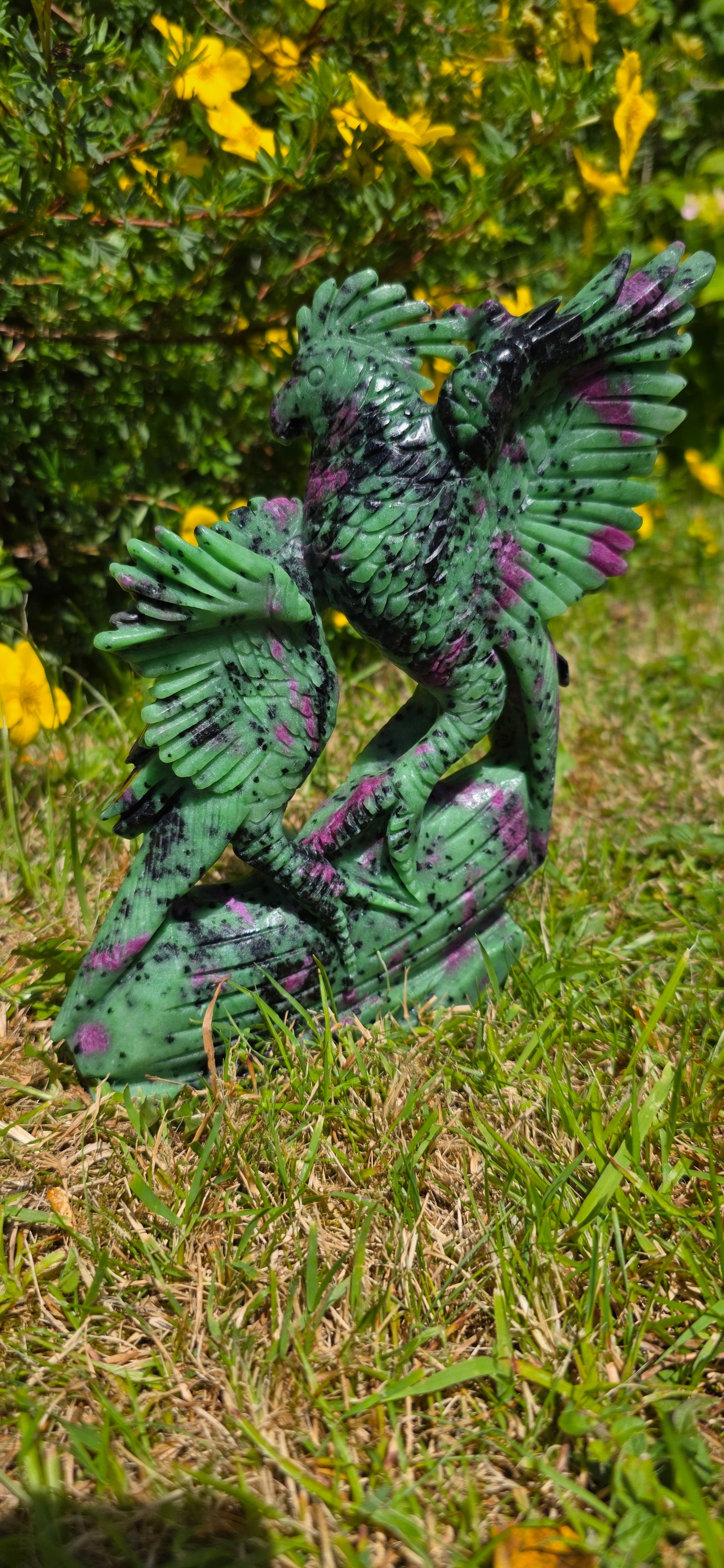Large Ruby in ziosite birds carving statement piece.