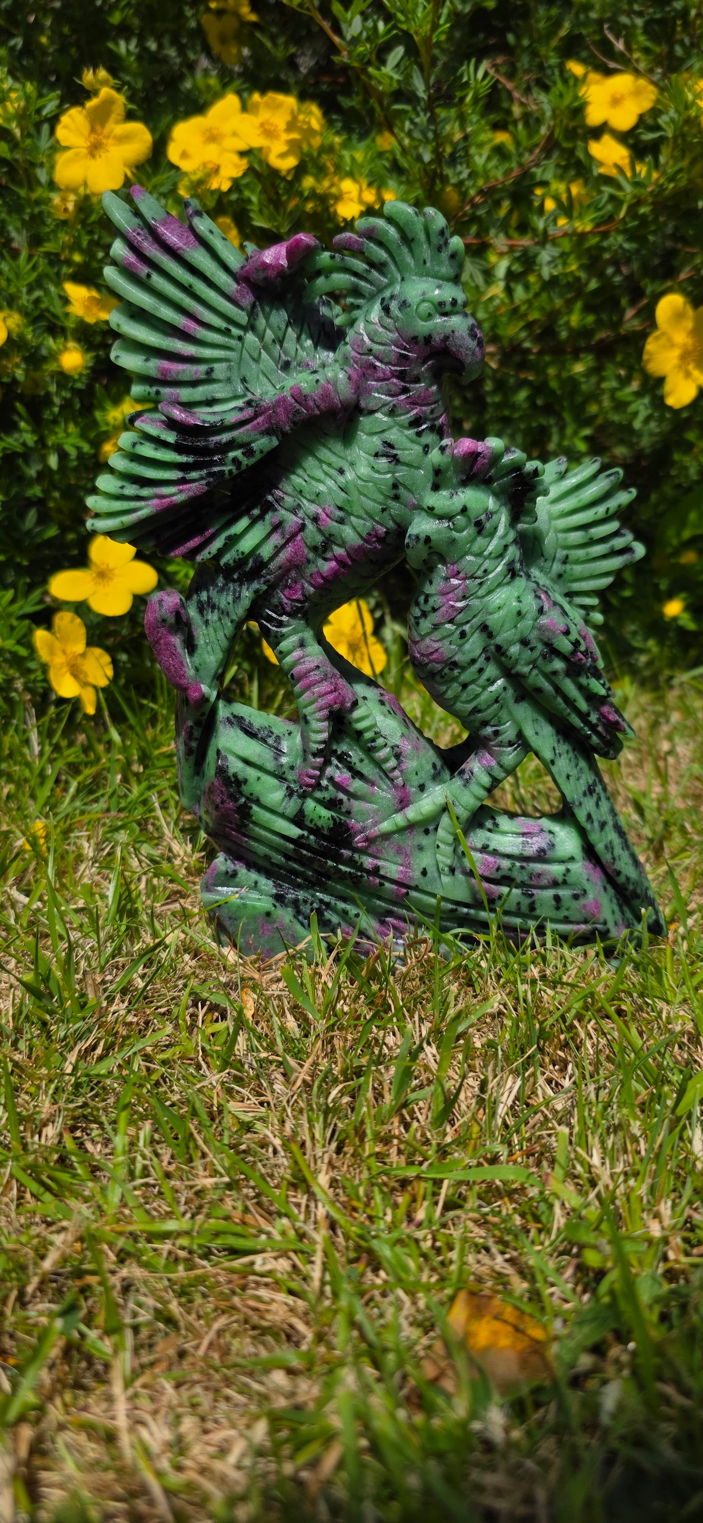 Large Ruby in ziosite birds carving statement piece.